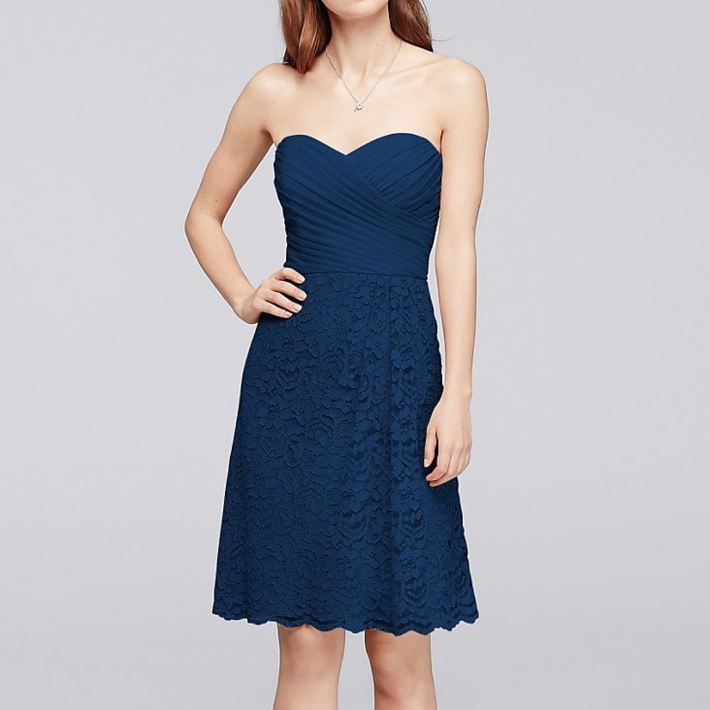 David’s bridal navy blue strapless lace dress